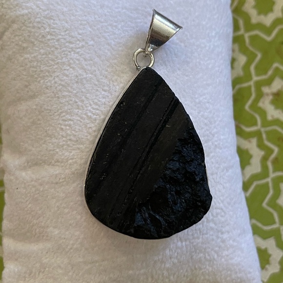 Natural Black Tourmaline Rough Teardrop 925 Silver Plated Pendant – Brand New - Picture 3 of 7
